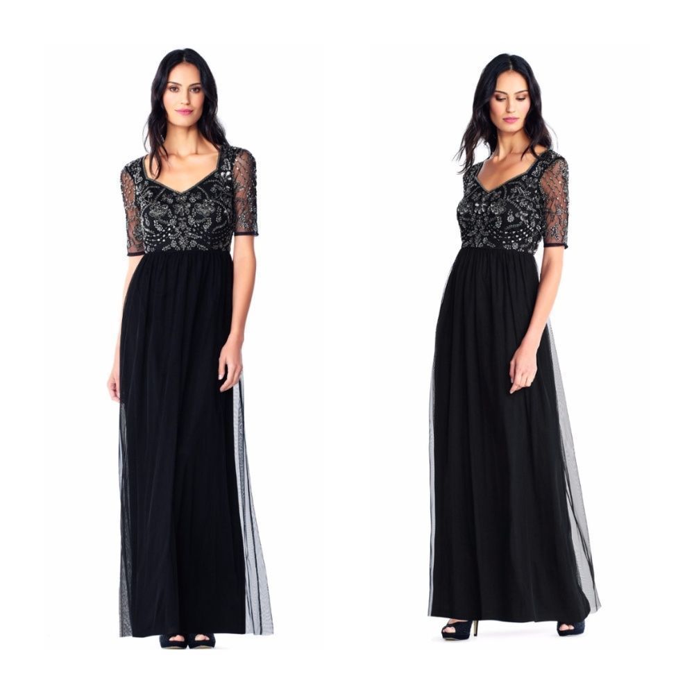 illusion short sleeve chiffon gown with floral bead